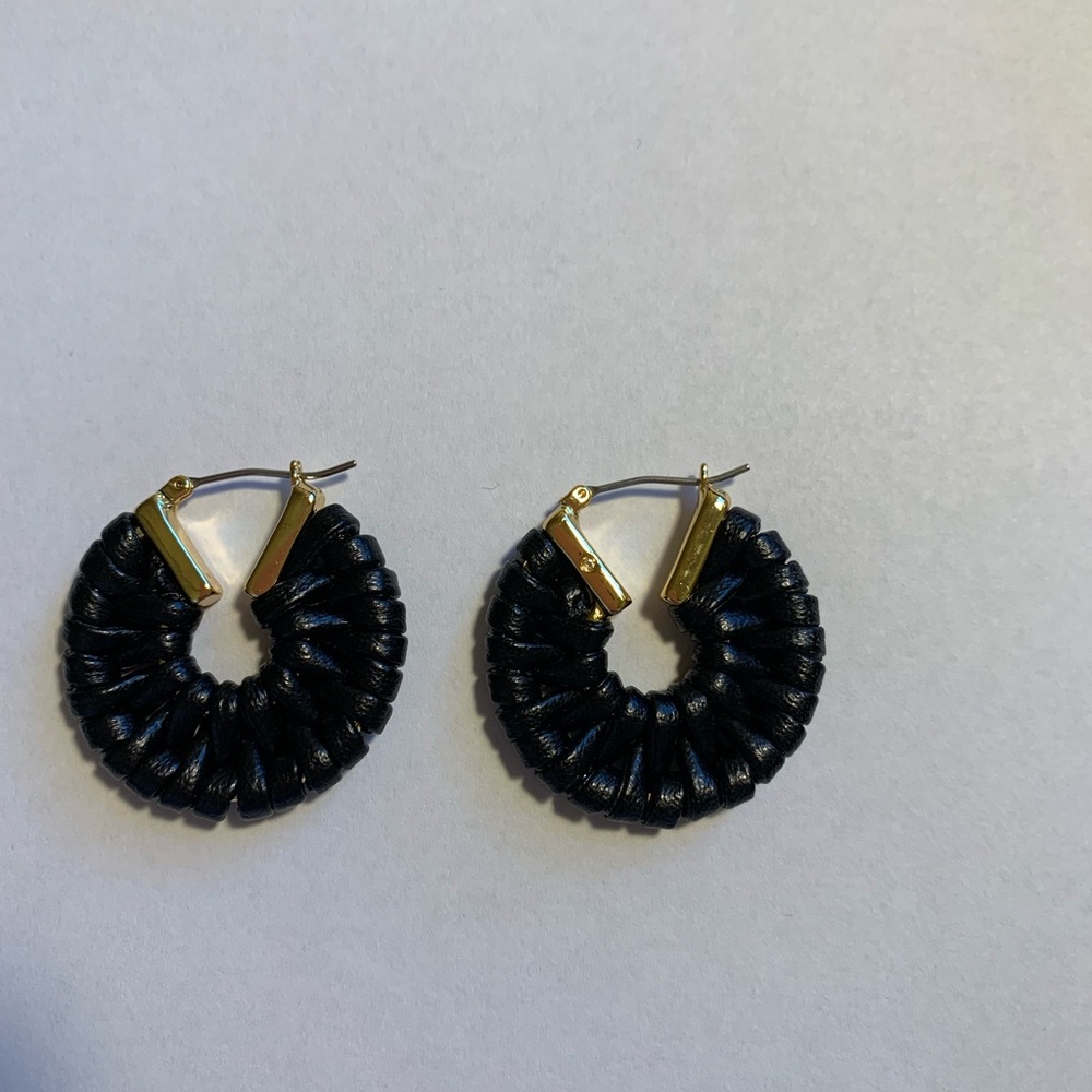 Talbots Black Leather Wrapped Hoop Earrings